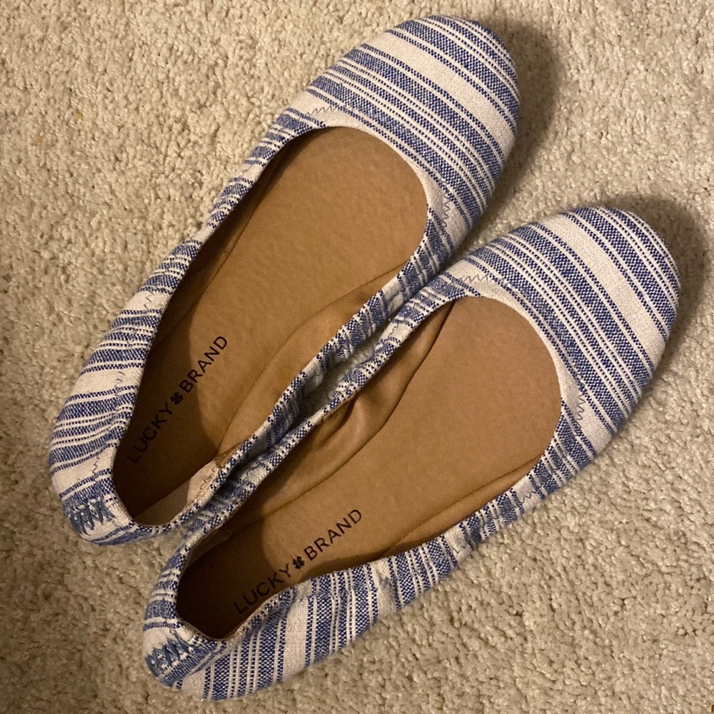 Lucky Brand flats. Size 10. Cream with Navy stripes.